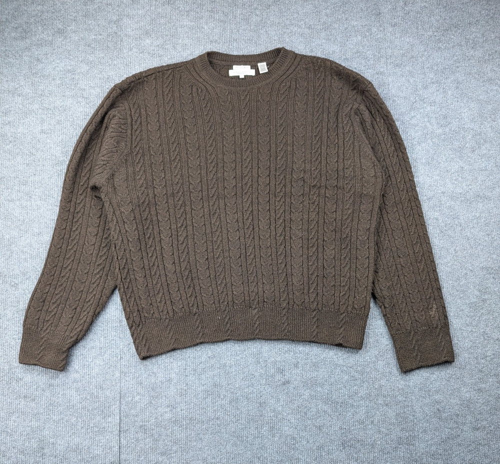Alex Cannon Cable Knit Sweater Men Large Merino Wool Quiet Luxury Timeless Brown
